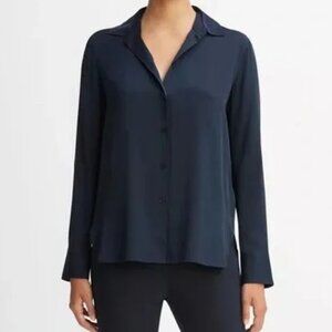 Vince Slim Fit Stretch Silk Blouse Navy Size XS